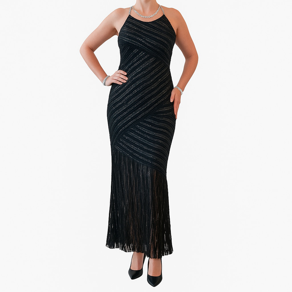 Vintage Joseph Ribkoff Sheer Black Silver Sequin Evening Gown Maxi Dress, 14